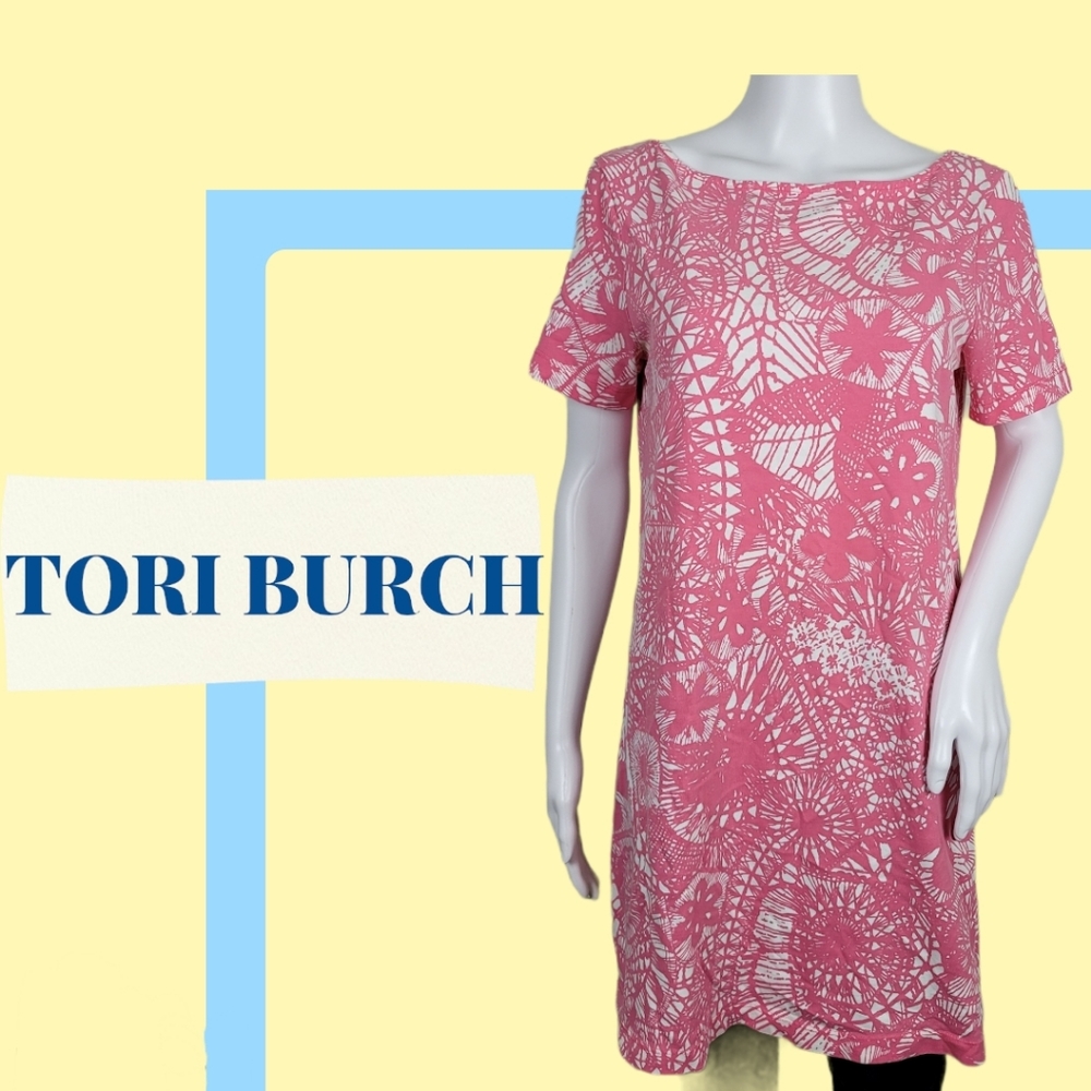 Tory Burch Pink Lace-Print Short Sleeve Shift Dress
